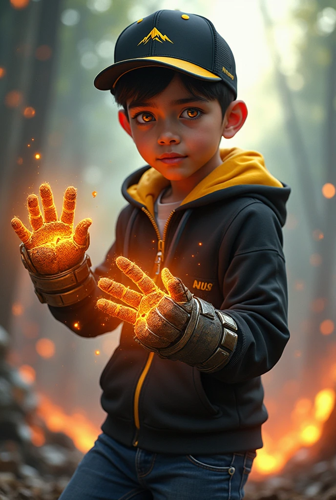  
a young real  . 15 Malaysiandonesia. (Yello eyes) . wearing an (black yellow ) zip-up shirt, (black yellow ) cap with small (mountain) logo, detailed face, cinematic lighting, dramatic atmosphere, vibrant colors, 8k, high quality, photorealistic. Hero suit. (Soil)come from his hand.wear two big gaunlet made from rock color black yellow glowing .jeans pants. Very strong. Future design dress. Very epic