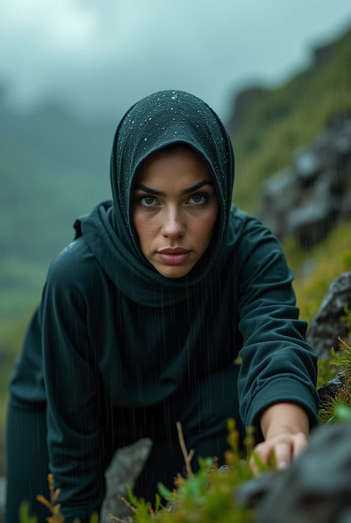 a woman wearing a hijab climbing a mountain in rainy conditions, face facing the camera, photorealistic, (best quality,4k,8k,highres,masterpiece:1.2),ultra-detailed,(realistic,photorealistic,photo-realistic:1.37),outdoor,rainy,dramatic lighting,moody atmosphere,lush green landscape,rocky terrain,dramatic clouds,powerful storm,focused expression,beautiful detailed eyes,beautiful detailed lips,extremely detailed face,long eyelashes,portrait,environmental portrait,nature photography