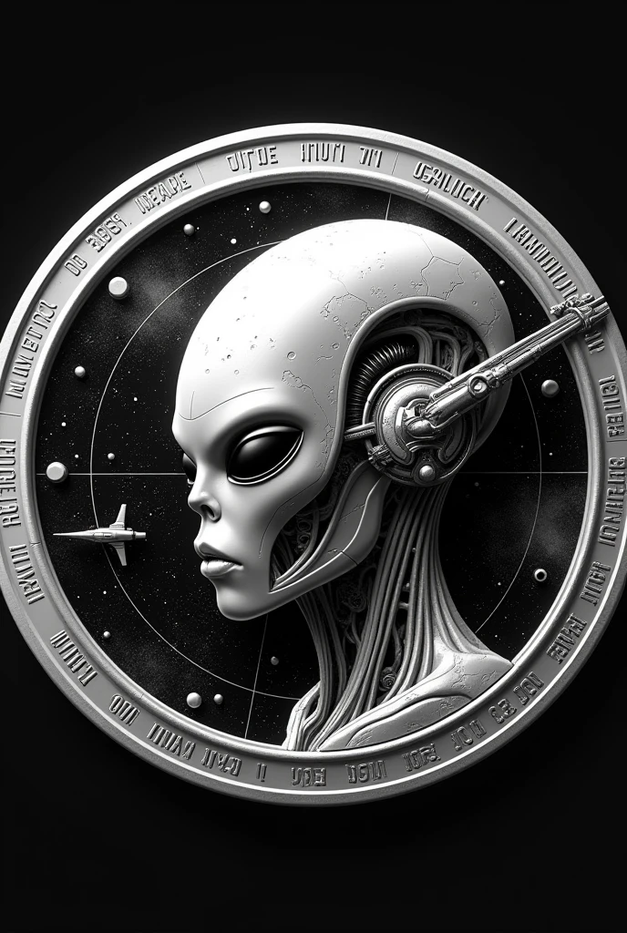 Create a highly detailed, 16k resolution coin design featuring the head of an advanced extraterrestrial being at the center. The alien should have a futuristic appearance, with intricate mechanical and technological elements integrated into its skull and facial features, representing an advanced civilization. The design should be in black and white with a strong contrast. Behind the alien's head, the background should depict a detailed map of the galaxy, with stars, nebulae, and advanced spacecraft subtly integrated into the design. Around the edge of the coin, inscribe Sumerian script, seamlessly blending with the overall aesthetic. All elements should be sharp, clear, and free of distortions, emphasizing the advanced technology and ancient mystique of this extraterrestrial species
