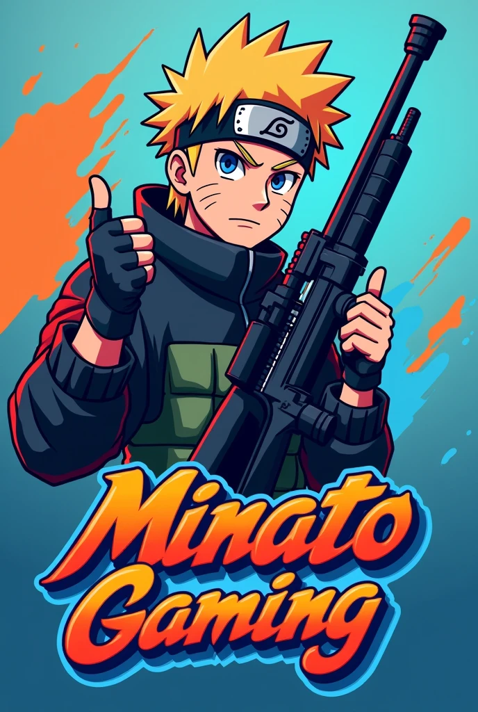 The logo features Minato Namikaze in a dynamic pose, holding an AWM sniper rifle and giving a thumbs up. The text "Minato Gaming" is written in a stylized, cursive font next to him, with a subtle ninja headband incorporated into the design. The color scheme is a mix of blue and orange, evoking a sense of energy and playfulness. background should have dynamic colors . the ratio of pic should be 9:16