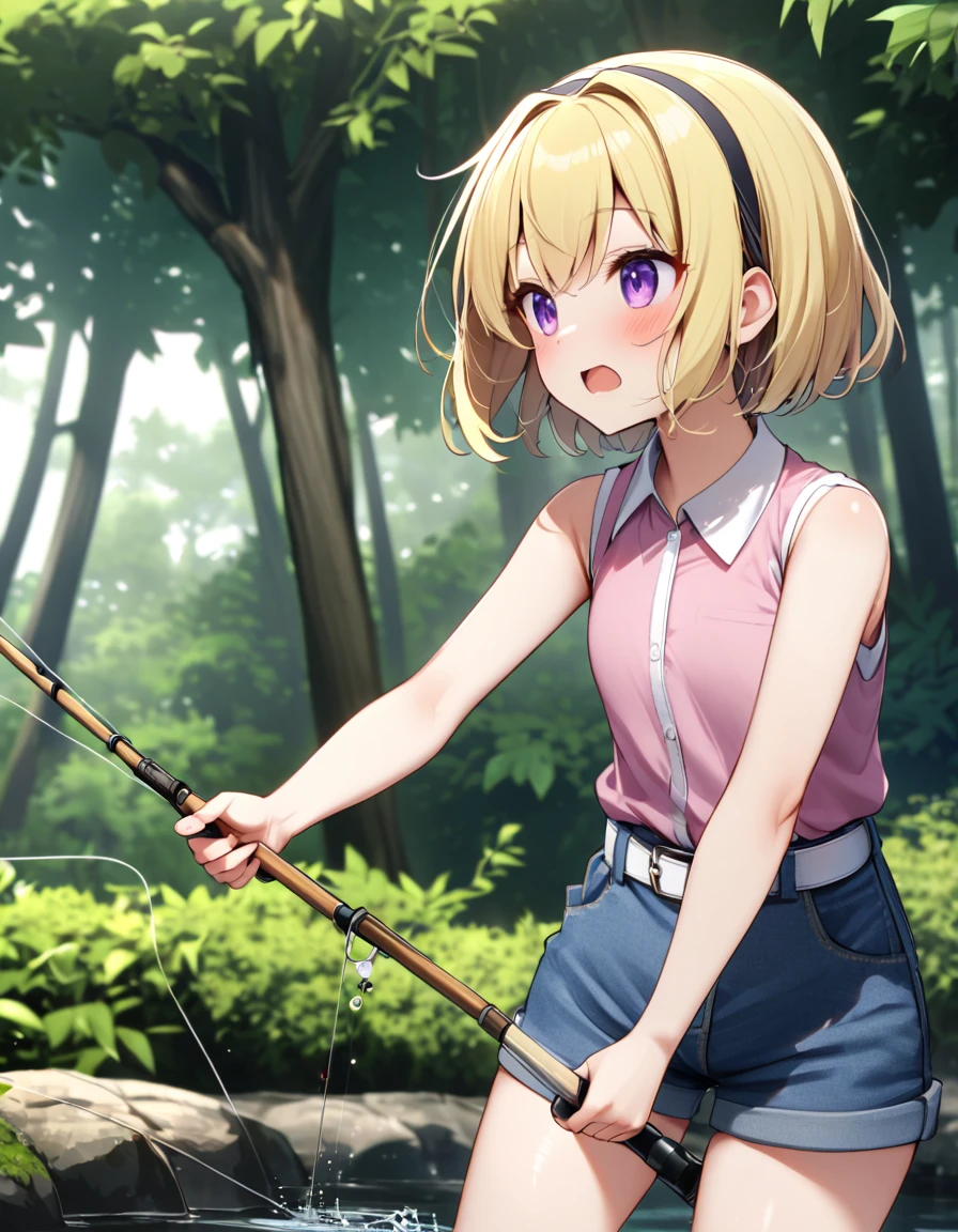 ((fishing)), fishing竿, 1 female, alone, Yellow Hair, blonde, Purple eyes, short hair, hair band, Flat Chest, Collared shirt,Sleeveless shirt,Pink Shirt, White Belt, Denim shorts, 川の流れの中でfishingをする人, Lush forest background, fishingのリズムに集中する表情, 