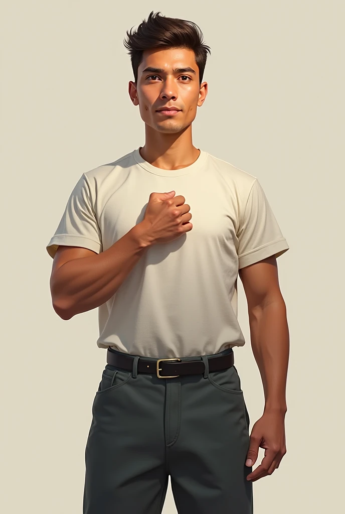 Fist on chest which gives a faithful warrior wives , with normal t-shirt and pant , young boy