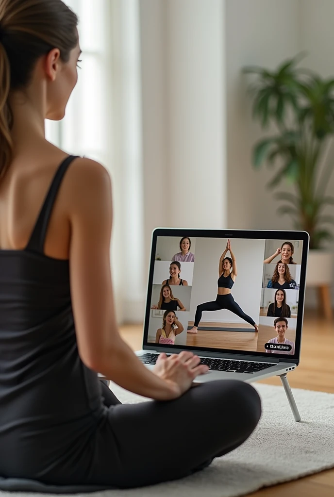 Group online yoga classes ,show teacher teaching adavance asana while sitting in front of laptop using Google meet to there students they all joined through their personal Google meet show multiple students in the laptop 