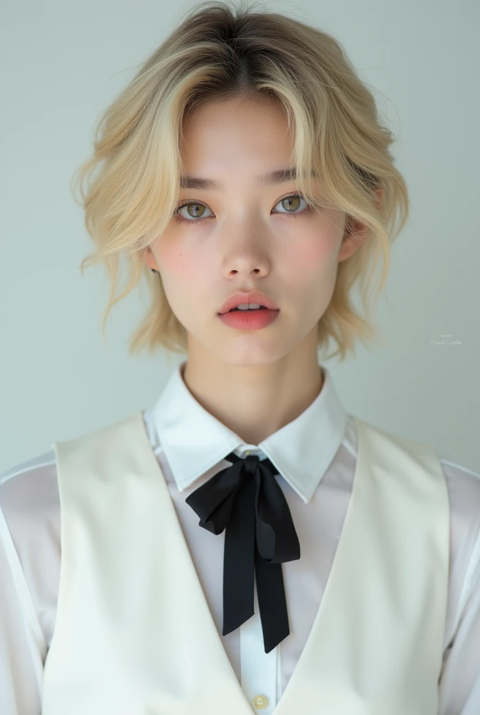 Professional studio image of a young femboy with delicate features and blonde hair covering his forehead, leaving his eyebrows showing a little.. Wearing a white long-sleeved shirt and a white dress vest with a black bow on top.