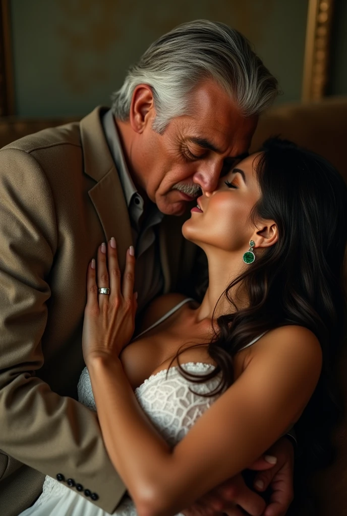4, older handsome italian arabic man in a suit and only one 2 Moroccan girl with green eyes passionately kissing and kissing and kissing on a couch