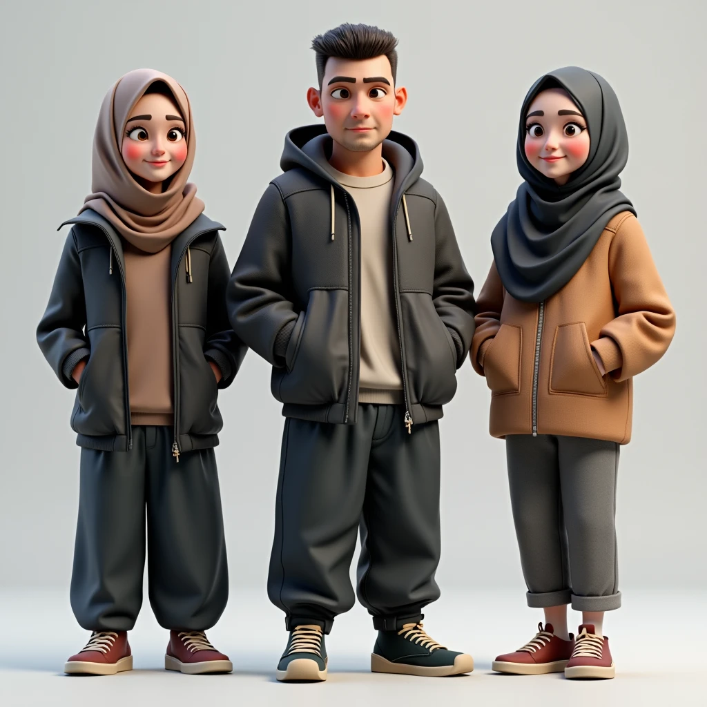 ((3 hijabless man wear jacket), (2 hijabbed woman), (1 hijabless teenage girl)) people, casual fashion, happy expression, just concentrate, white skin people, crowdless, extreme detail, masterpiece, 4k, gaming character, adult 3D character, proportional, cinematic lighting