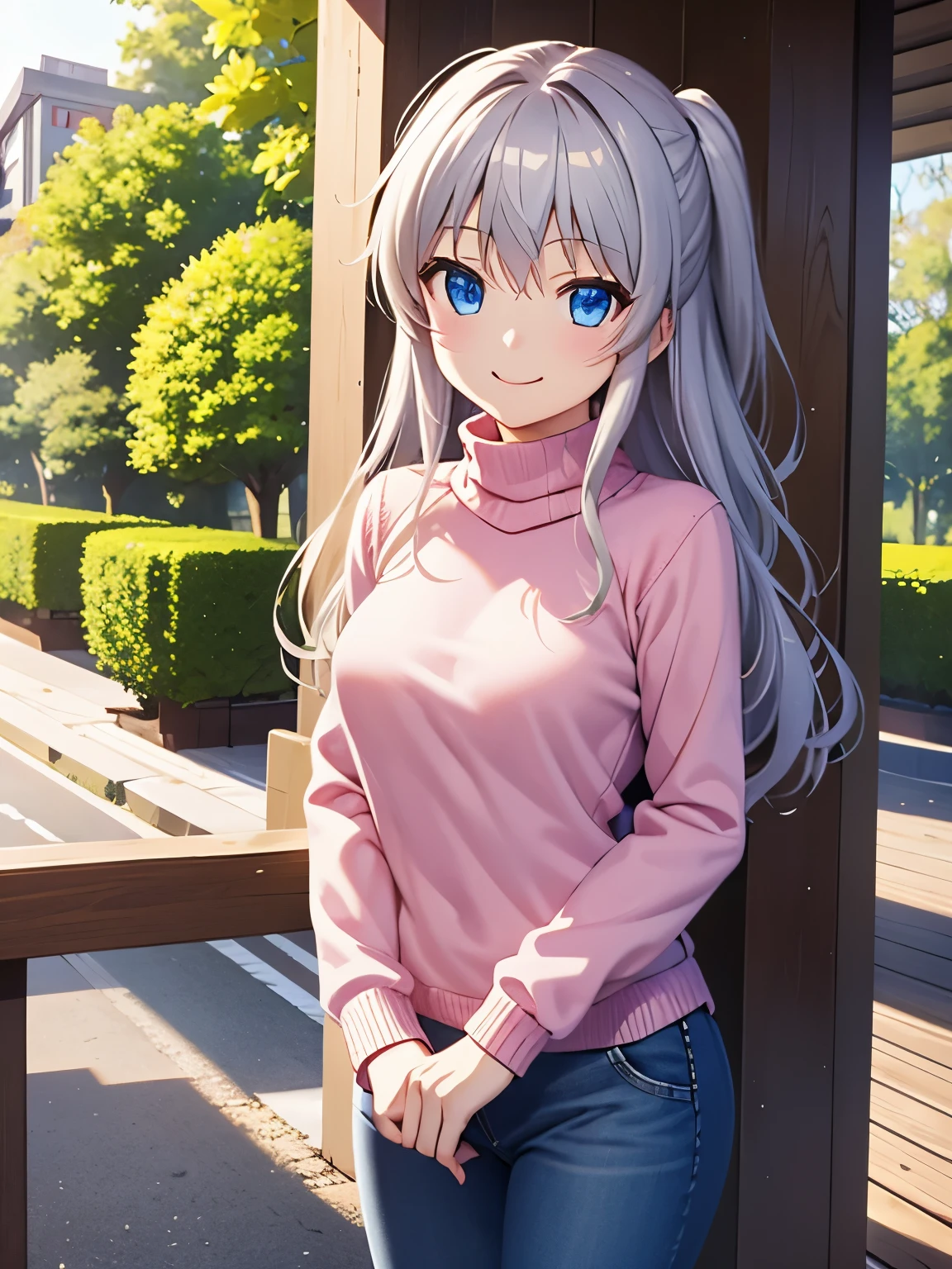 (masterpiece, Highest quality:1.2), One person, alone,nao.Tomori,Blue eyes,Closed Mouth、smile、Silver Hair、Beautiful attractive eyes、smile、Highest quality,Super detailed,Outdoor,One person, Standing, sweater, pink sweater, turtleneck, Long sleeve,In jeans、smile