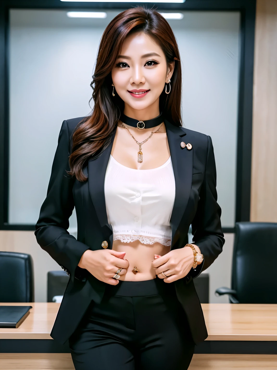 7　mom　milf　Korean, Lady　large earring　Big choker　navel piercing decoration　A bracelet　realisitic　Gorgeous Madame Beautiful Mature Woman　sexly　Smile　Gentle woman navel piercing　４K　High quality　White shirt　Gorgeous Madame Beautiful Mature Woman