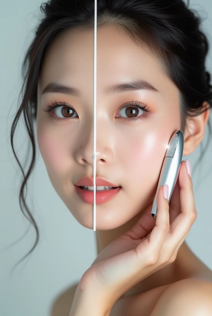 Beauty Asian Woman, big eyes, using beauty gadget, great recommendation and photo before and after using it