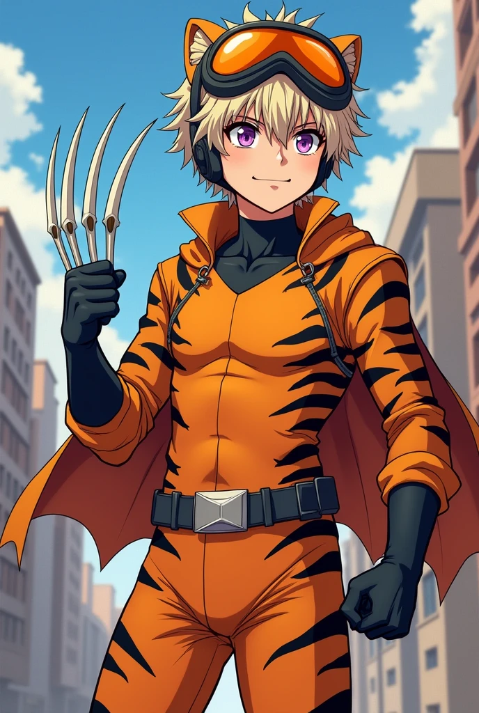 Draw in 2D anime style, A boy, that is husbando, that has ash blonde hair, that has violet eyes, has headphones, dressed in comic book hero clothes with a tiger look, Boku no Hero Academia hero costume, that his orange suit has black stripes,He has three claw-shaped blades on his left hand as a weapon, that looks like a dynamic pose, Let it be a heroic pose, have a confident smile, that has a hero helmet with an orange visor, that has messy hair, that has short hair, Make it look more manly, adult.