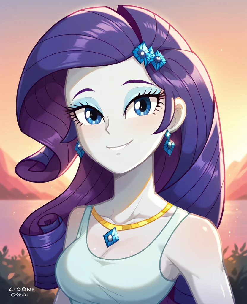 Rarity from Equestria Girls short hair, looking at the viewer with half faces, Sunset, Oceanfront, Long hair, beautiful eyes, Beautiful face, Whole body, de pie con el Whole body, smile 