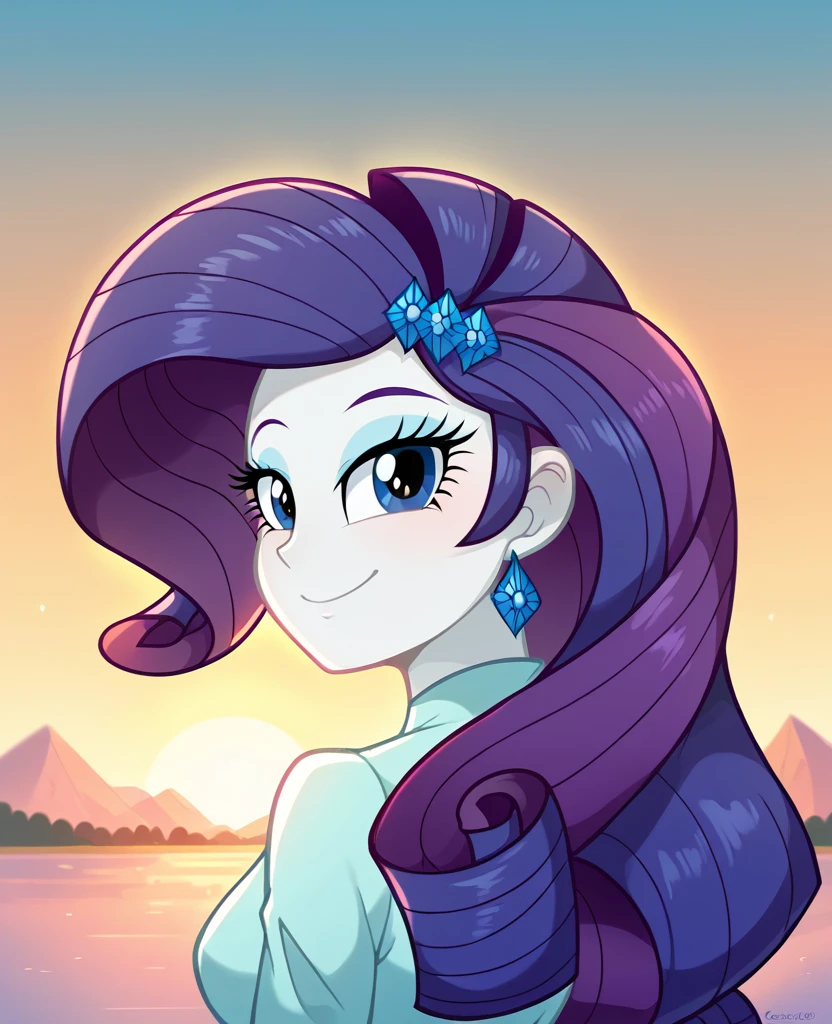 Rarity from Equestria Girls short hair, looking at the viewer with half faces, Sunset, Oceanfront, Long hair, beautiful eyes, Beautiful face, Whole body, de pie con el Whole body, smile