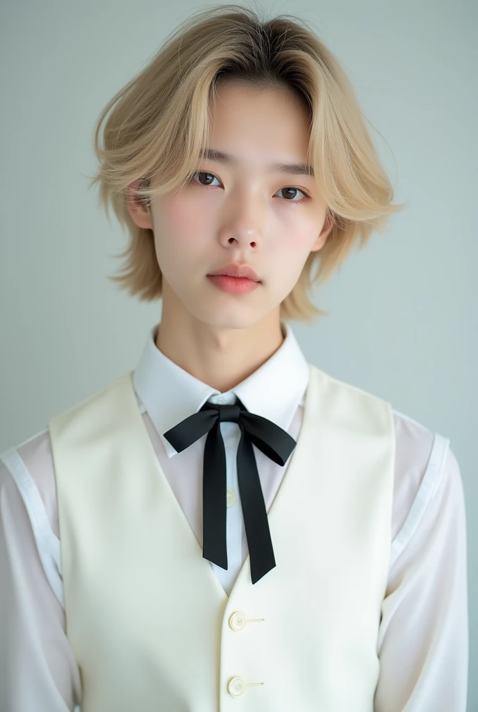 Professional studio image of a young femboy with delicate features and blonde hair covering his forehead, leaving his eyebrows showing a little.. Wearing a white long-sleeved shirt and a white dress vest with a black bow on top.