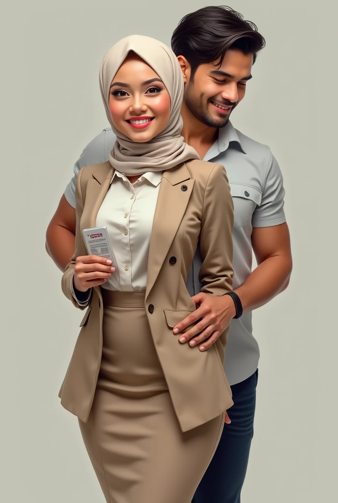 RAW, Best quality, high resolution, masterpiece: 1.3), beautiful Malay woman in hijab (iu:0.8),/(in a modern office/), 1lady solo, /(beige long pencil skirt jacket/) id card, blush on smile friendly, (best quality masterpiece: 1.2) very detailed, big breasts, big ass, from behind,(looking at the audience, looking back, facial details, double eyelids, smiling,the other is a young muscular man, he's in shorts and a T-shirt, the man standing directly behind her smiling, ((his hand is on her butt groping it)))