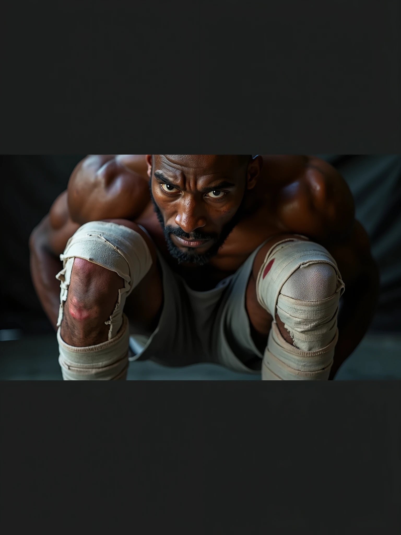 "A close-up shot of Kamaru Usman’s severely damaged knees, emphasizing the scar tissue and inflammation. The knees are wrapped in bandages, with a stark contrast between his muscular upper body and his weakened legs. The lighting is harsh, highlighting the pain etched on his face as he contemplates the constant struggle