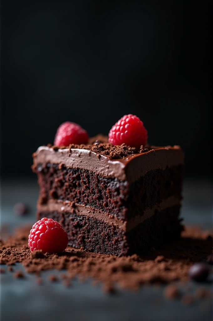 cinematic film still chocolate, chocolate cake, dark background, quality photo, moist texture, frosting, studio photo, slice . shallow depth of field, vignette, highly detailed, high budget, bokeh, cinemascope, moody, epic, gorgeous, film grain, grainy