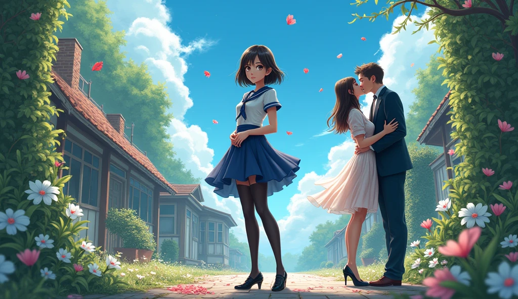 (masterpiece), town, blue sky, Woman in Sailor Suit、The woman is wearing a long skirt, Overgrown, petal, plant、Translucent slip、nostalgic、The woman is wearing black pantyhose、man and woman kissing、Man Suits