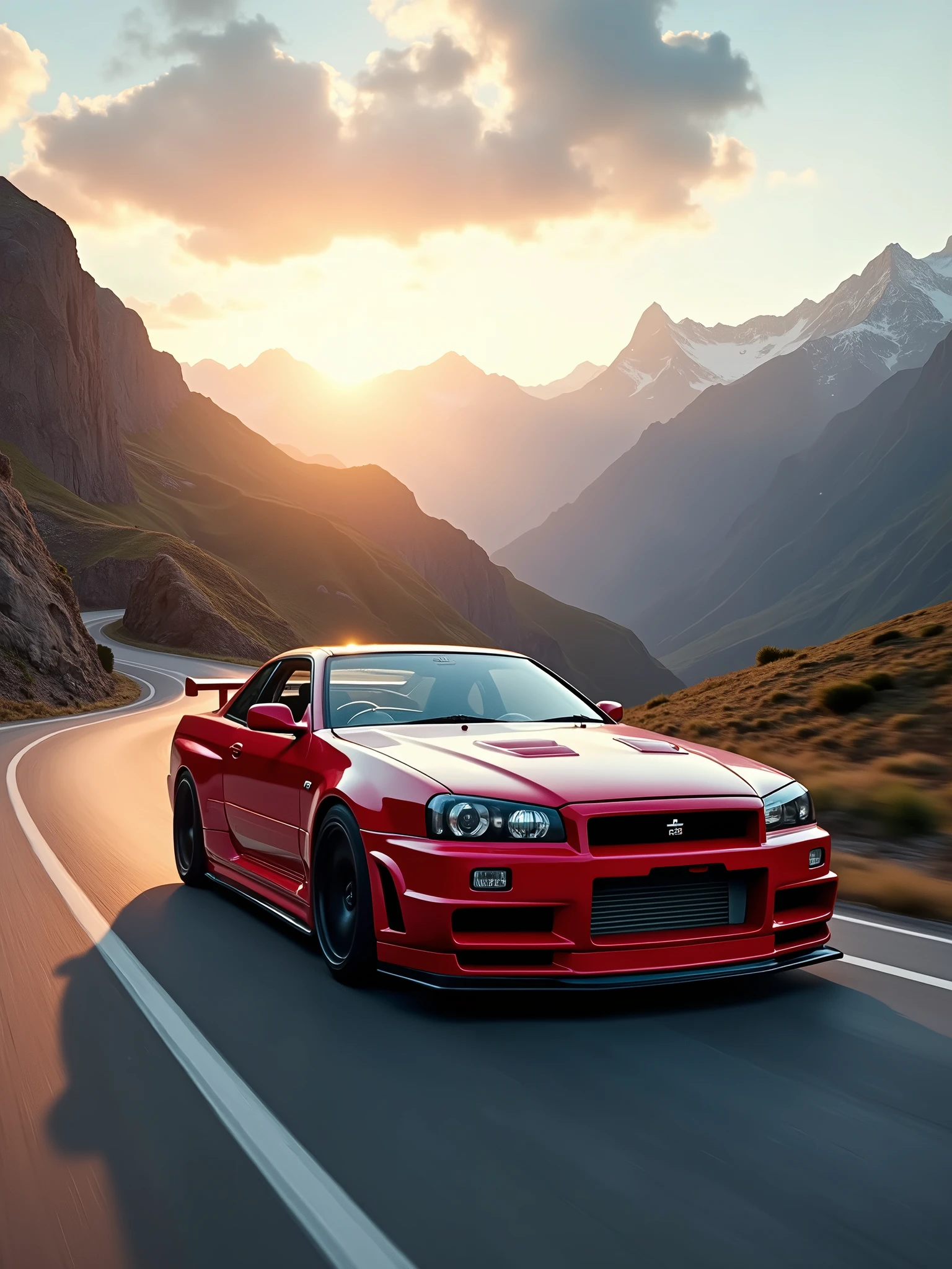 A stunning 4K wallpaper featuring a sleek blue Nissan Skyline GT-R (R34) racing down a winding mountain road. The car's body is painted in a vibrant red hue, with the sun setting behind it, casting a warm golden glow on the vehicle. The background showcases a breathtaking mountain range, with a mix of soft clouds and a vibrant orange sky. The overall effect is a captivating blend of speed, power, and natural beauty.