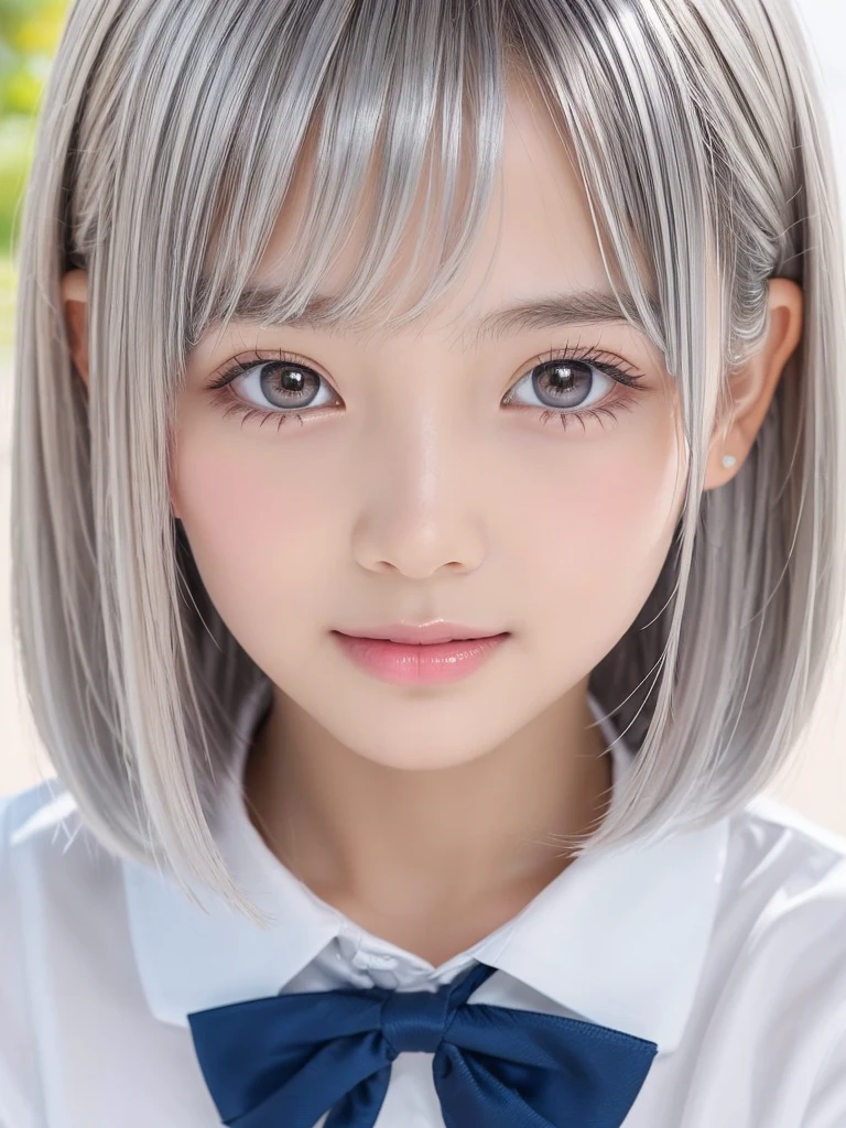 A portrait of a young girl in school uniform, with a bright expression, glowing white skin, glossy face, shimmering cheek gloss, small face, round face, best looks, bright silver hair with shimmering highlights, very beautiful glossy hair, (ultra short silver hair:1.5), beautiful shiny bangs drawing the eyes, shimmering clear alluring bright large pale blue eyes, very large eyes, downturned eyes, eyeliner, thin eyebrows, a very beautiful, lovely, and cute girl, perfect bust,masterpiece,photorealistic, 8k, high quality, masterpiece, realistic portrait