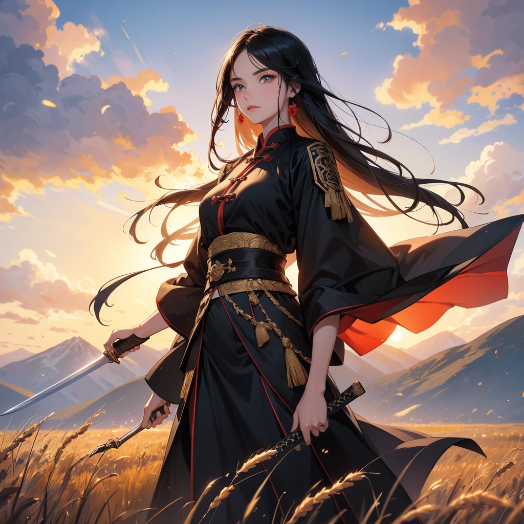 beautiful woman black-haired male general holding a large sword in black ancient Chinese general costume, Standing in the middle of wheat field, sunset, close up. behind which are mountains, there are low clouds floating in the blue sky.