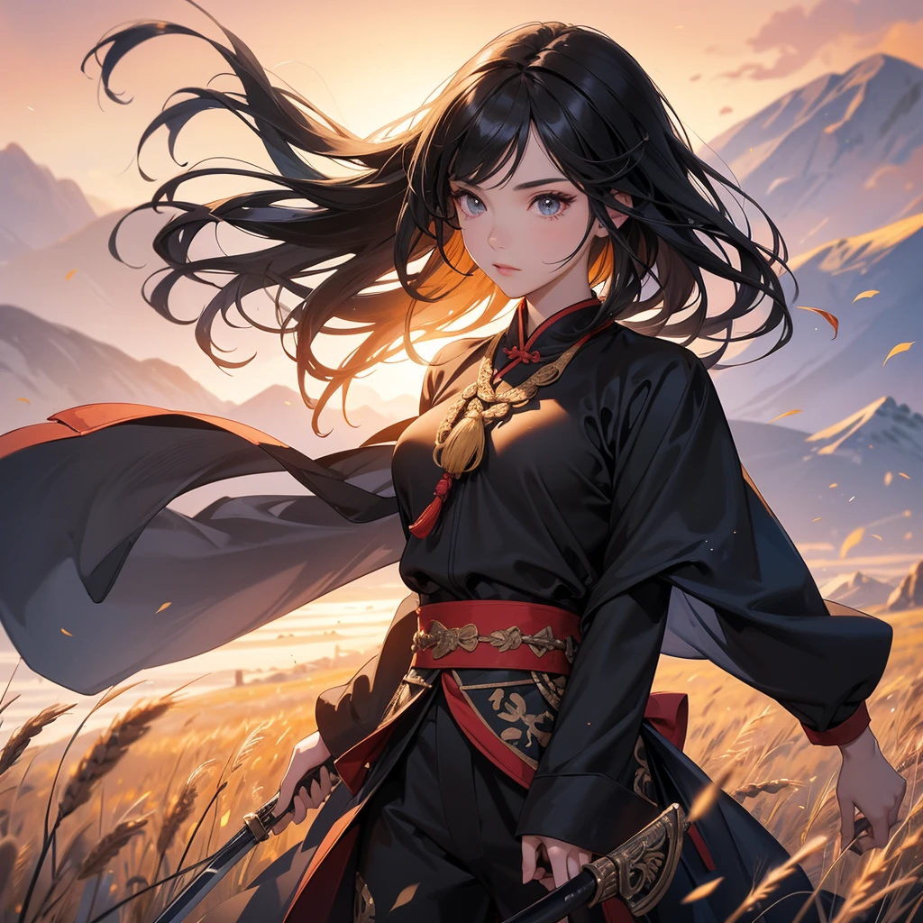 beautiful woman black-haired male general holding a large sword in black ancient Chinese general costume, Standing in the middle of wheat field, sunset, close up. behind which are mountains, there are low clouds floating in the blue sky.