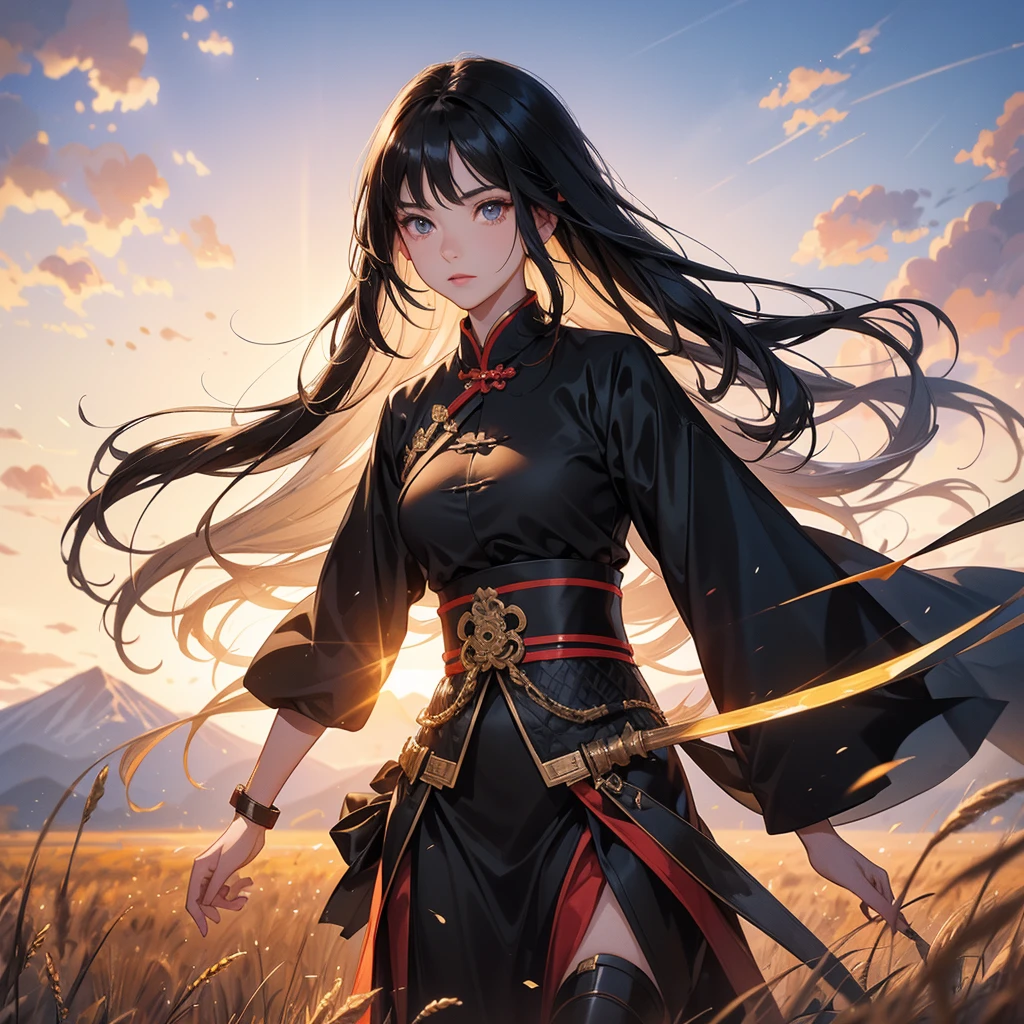 beautiful woman black-haired male general holding a large sword in black ancient Chinese general costume, Standing in the middle of wheat field, sunset, close up. behind which are mountains, there are low clouds floating in the blue sky.