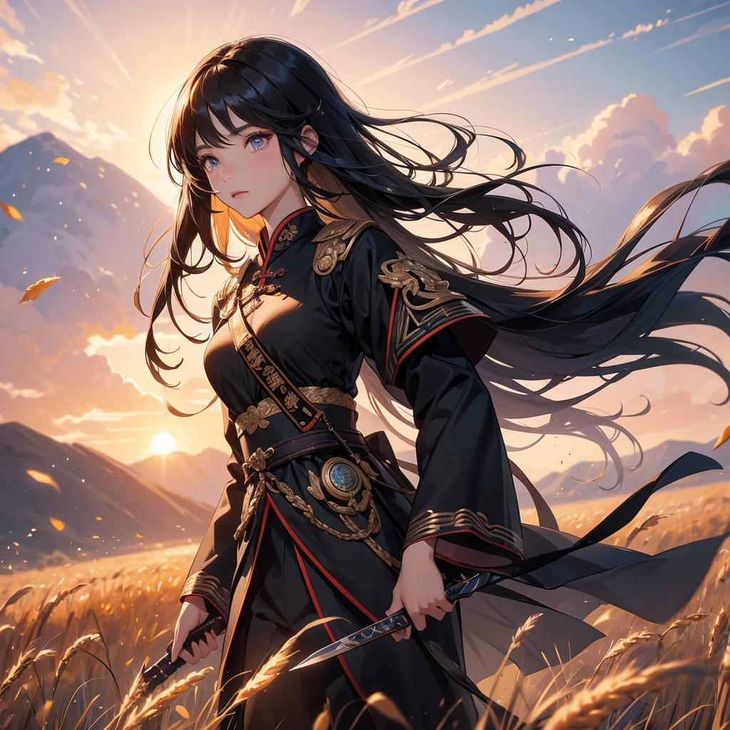 beautiful woman black-haired male general holding a large sword in black ancient Chinese general costume, Standing in the middle of wheat field, sunset, close up. behind which are mountains, there are low clouds floating in the blue sky.