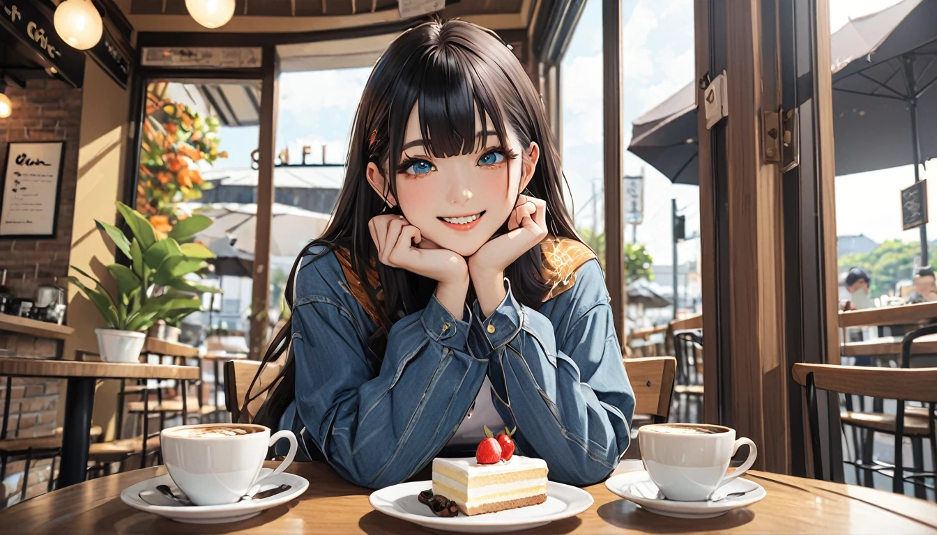(Highest quality、In 8K、32K、masterpiece、Hmph、Ultra-high resolution、Impressionism、Photorealistic:1.2)、Cowboy Shot、Sharp focus、Detailed face and eyes、(There is a plate of cake and coffee on the table, Cafe, sitting at a mocha-colored table, dessert, ミニチュアCafeジオラマ, ダイナーCafe, At the coffee shop, 居心地の良いCafeの背景, At the coffee shopコーヒーを楽しむ, Cafeに座っている, Shot on a Sony Alpha 1 camera,、Sharp pupils、Beautiful Face、18 year old beautiful girl、Glowing Skin、Orange and marine blue hair、Autumn Coordination、Black socks、Put your right hand on your cheek、(A happy smile:1.2)、