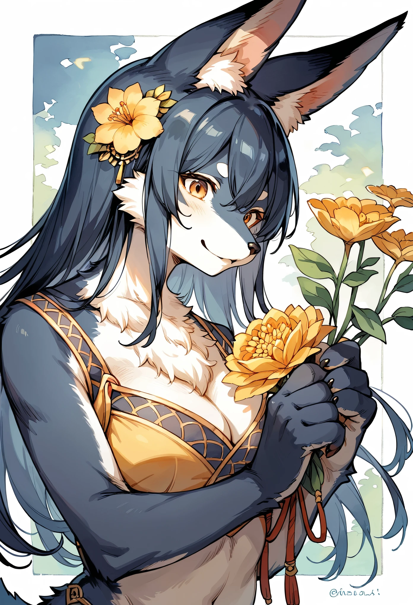 rating_safe, score_9, score_8_up, score_7_up, score_6_up, score_5_up, score_4_up, hires, source_furry, cover_page(furry art, uploaded on e621)monochrome, watercolor, 1girl, kemono, furry, detailed body fur, animal face, animal hand, Archaic Smile, holding a cluster of gold flower in both hands, which are positioned at chest level, She is wearing a simple ring on the ring finger of her left hand, unfocused spread of gold flower, fan-created work shared on platforms Pixiv or , Watercolor elements that seem to shift through time,