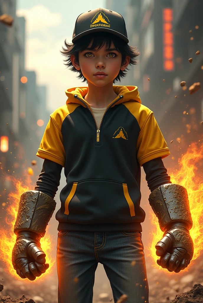 Real a young real  . 15 Malaysiandonesia. (Yello eyes) . wearing an (black yellow ) zip-up shirt, (black yellow ) cap with small (mountain) logo, detailed face, cinematic lighting, dramatic atmosphere, vibrant colors, 8k, high quality, photorealistic. Hero suit. (Soil)come from his hand.wear two big gaunlet made from rock color black yellow glowing .jeans pants. Very strong. Future design dress. Very epic