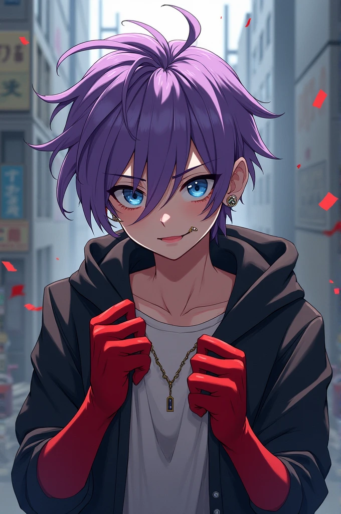 Tokyo Revengers Oc,A boy with strong purple blond hair.,with somewhat long and unorganized hair,blue eyes, baggy eyes,and pale skin, Ear and mouth piercings, He has red paint on his fists and face