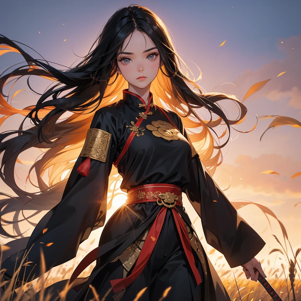 beautiful woman black-haired male general holding a large sword in  ancient Chinese general costume, Standing in the middle of wheat field, sunset, close up.