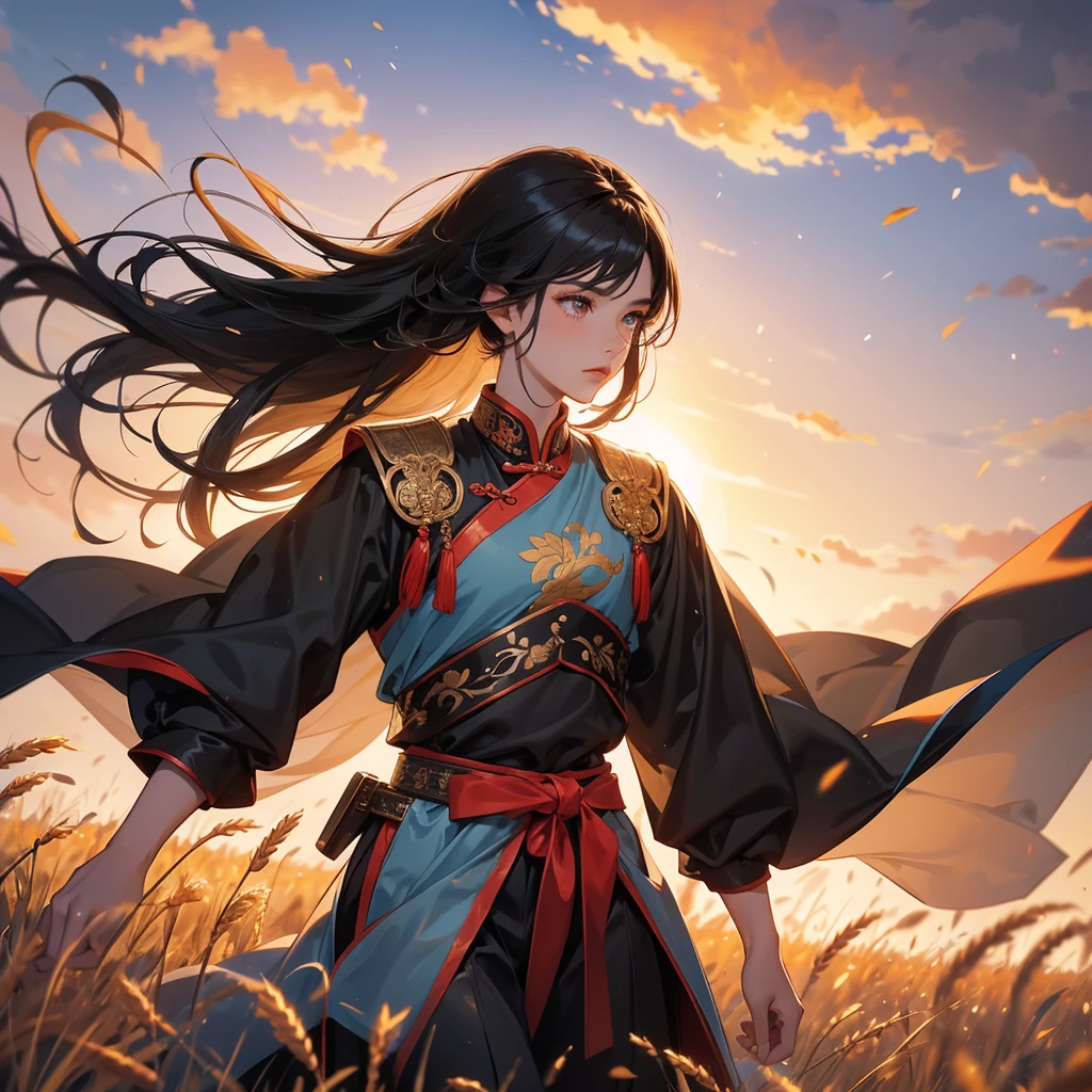 beautiful woman black-haired male general holding a large sword in ancient Chinese general costume, Standing in the middle of wheat field, sunset, close up.