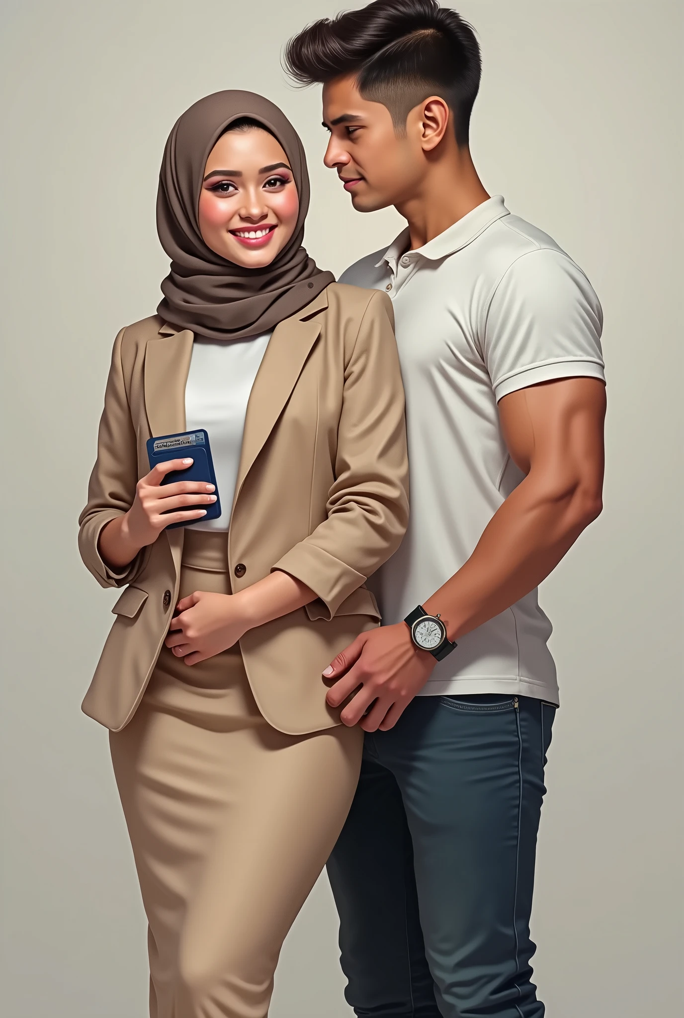 RAW, Best quality, high resolution, masterpiece: 1.3), beautiful Malay woman in hijab (iu:0.8),/(in a modern office/), 1lady solo, /(beige long pencil skirt jacket/) id card, blush on smile friendly, (best quality masterpiece: 1.2) very detailed, big breasts, big ass, from behind,(looking at the audience, looking back, facial details, double eyelids, smiling,the other is a young muscular man, he's in shorts and a T-shirt, the man standing directly behind her smiling, ((his hand is on her butt groping it)))