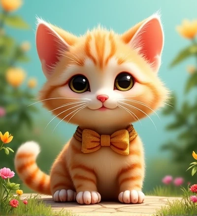 Imagine a lifelike kitty, Its features are humorously exaggerated,Extra large, Wearing cute clothes,Bright eyes and curiosity, Smile. Puppy's front view,Smiling kitty,Disney style, Capturing Natural Textures, Although its little claws are slightly larger, More lovely. The background is a simple garden, The focus is on natural colors and some greenery, Creat, creating vibrant color