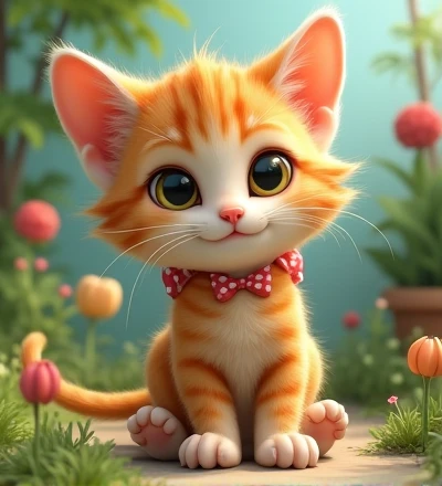 Imagine a lifelike kitty, Its features are humorously exaggerated，Extra large, Wearing cute clothes，Bright eyes and curiosity, Smile. Puppy&#39;s front view,Smiling kitty，Disney style， Capturing Natural Textures, Although its little claws are slightly larger, More lovely. The background is a simple garden, The focus is on natural colors and some greenery, Creat， creating vibrant color