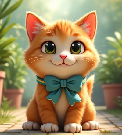Imagine a lifelike kitty, Its features are humorously exaggerated，Extra large, Wearing cute clothes，Bright eyes and curiosity, Smile. Puppy&#39;s front view,Smiling kitty，Disney style， Capturing Natural Textures, Although its little claws are slightly larger, More lovely. The background is a simple garden, The focus is on natural colors and some greenery, Creat， creating vibrant color