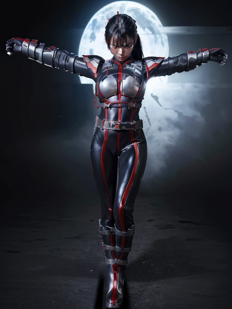 Highest quality,masterpiece,Ultra-high resolution, Very detailed, 8k,(Beautiful woman),Beautiful 25-year-old Japanese woman:1.5,Black hair ponytail、((Crucifixion)),torture,slave,((クロスにCrucifixionにされた女性:1.5)),Crucifixion刑,(((Futuristic hero suit in shiny black leather))), (Shiny black leather hero suit, Big Breasts、Voluptuous body)、Torn Costume、(((Dirty outfit)))、((Torn Costume)), ((Scream with a look of pain)), (((A body covered in scars))),Military Harness,