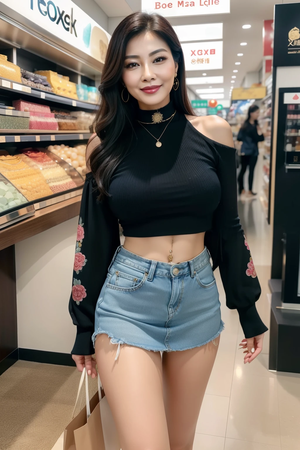 7 mom milf Chinese Lady large earring Big choker navel piercing decoration A bracelet realisitic Gorgeous Madame Beautiful Mature Woman sexly Smile Gentle woman navel piercing 4K High quality Gorgeous Madame Beautiful Mature Woman Denim mini skirt Shopping Bags