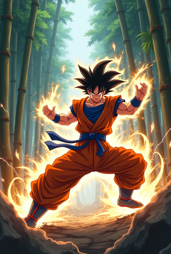 (best quality), (masterpiece), ultra-detailed, 1boy, Goku, epic pose, action, combat, energy ball, particle effects, long sleeve, emphasis lines, movement lines, (swirling:1.2), kamehameha, electricity, aura, combat in the forest vs samurai 1.4, combat in the forest bamboo,