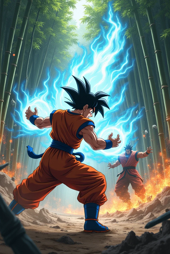 (best quality), (masterpiece), ultra-detailed, 1boy, Goku, epic pose, action, combat, energy ball, particle effects, long sleeve, emphasis lines, movement lines, (swirling:1.2), kamehameha,  electricity, aura, combat in the forest vs samurai 1.4, combat in the forest bamboo,