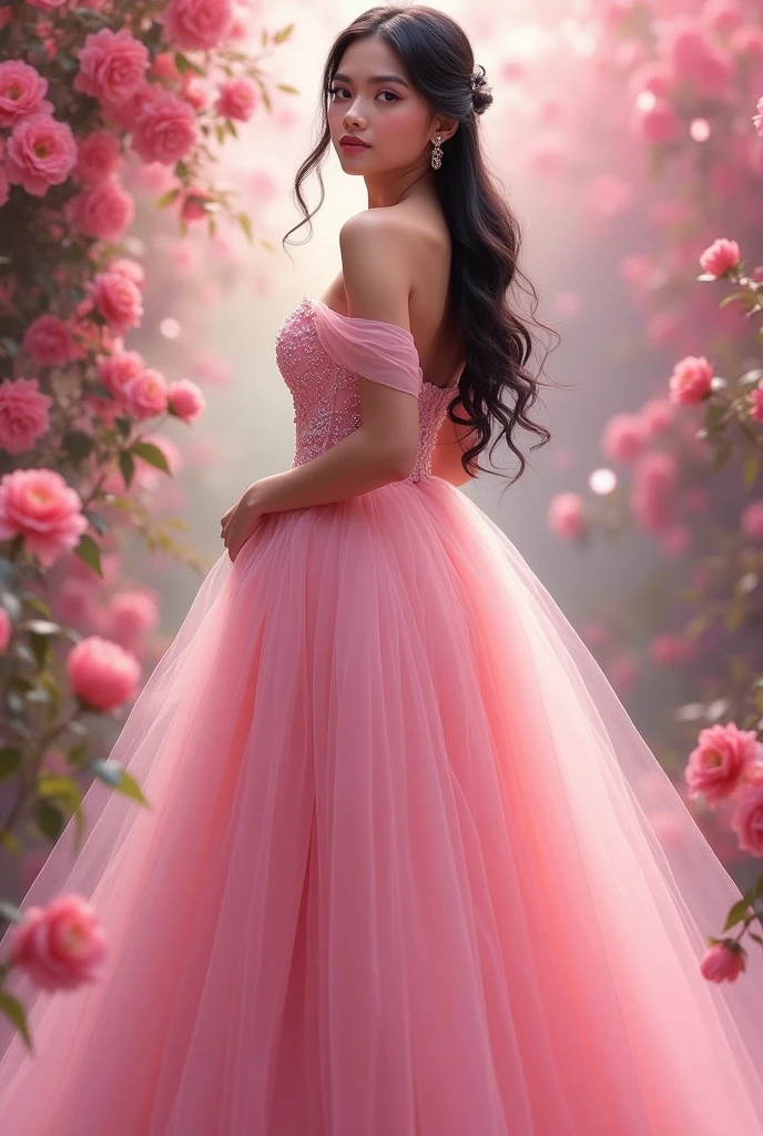 real pinay girls semi ponytail hair with gown princess pink with shoes pink standing with flowers background princess pink with flowers, semen en la cara
