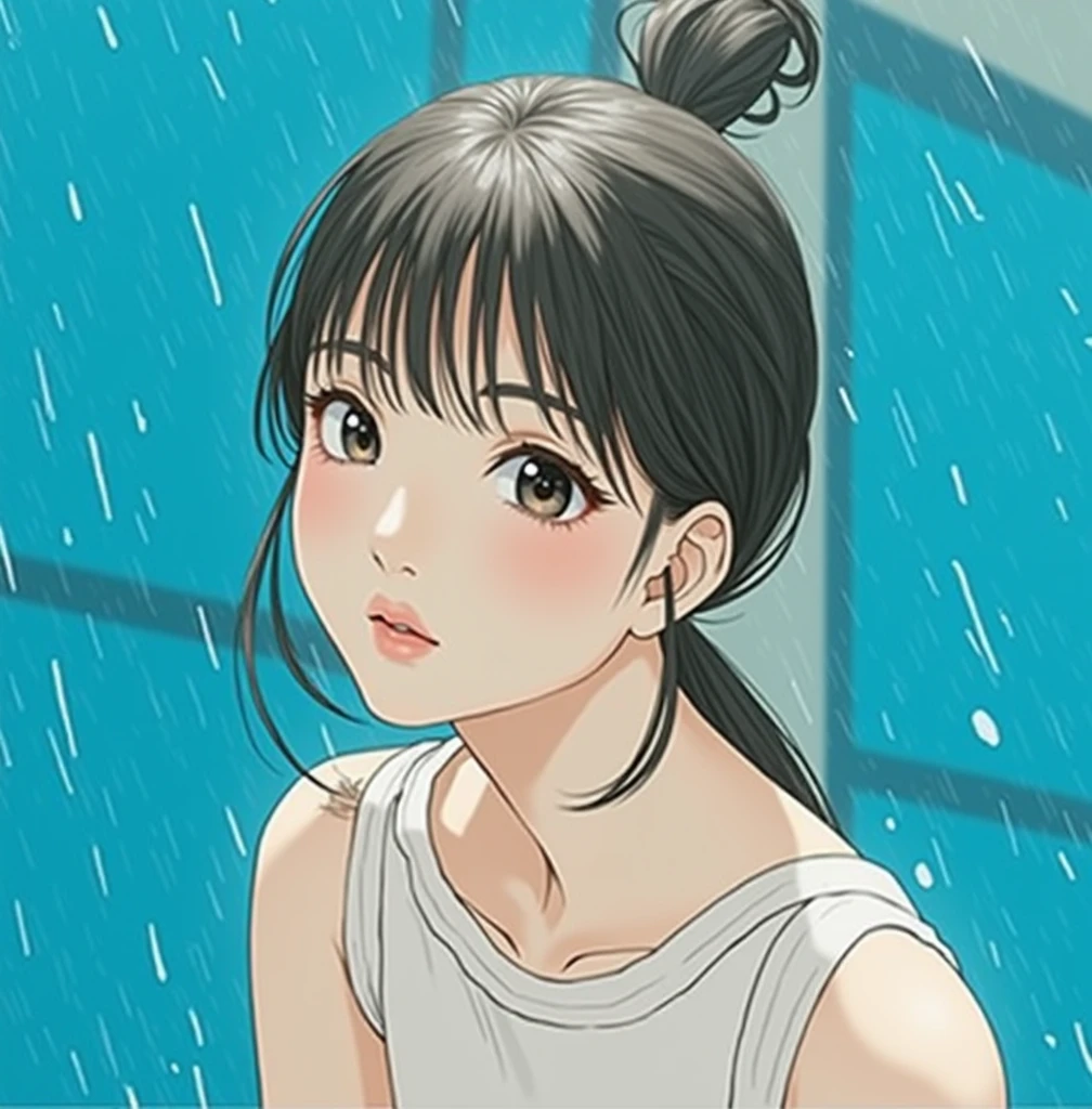 Close-up of a woman wearing a white tank top taking a photo, Chiho, Yoshitomo Nara, Ayaka, kimi takemura, Chiho ashima, aoshima Chiho, My motto is Teshirogi, It rains, Aoi Ogata, Tadashi Nakayama