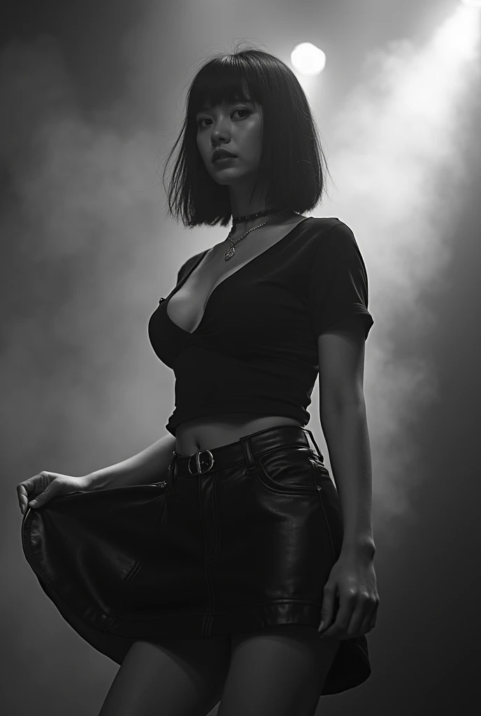 Black and white photography、Live footage、18 year old woman。Asian woman with short bob、Straight Hair、band、skirt、Beautiful Face、Punk Rock、Large Breasts、Satomi Ishihara、Black T-shirt、A cleavage so big you could squeeze your penis in it、Stage Lighting、smoke、mist、Alice Hirose、Solo artist、skirtめくり、