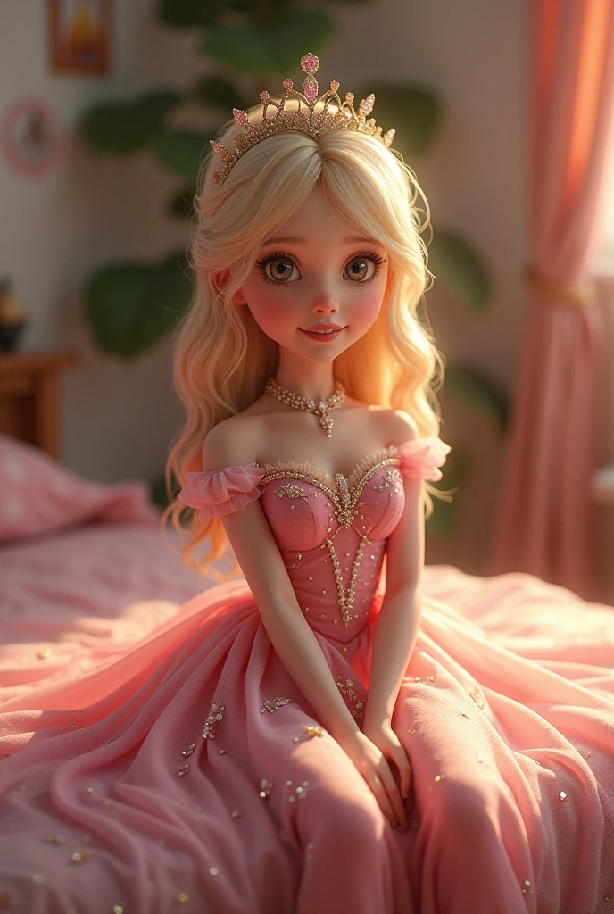 a 13 year old blonde girl in a pink princess dress with sparkly details in a bedroom sitting on the bed