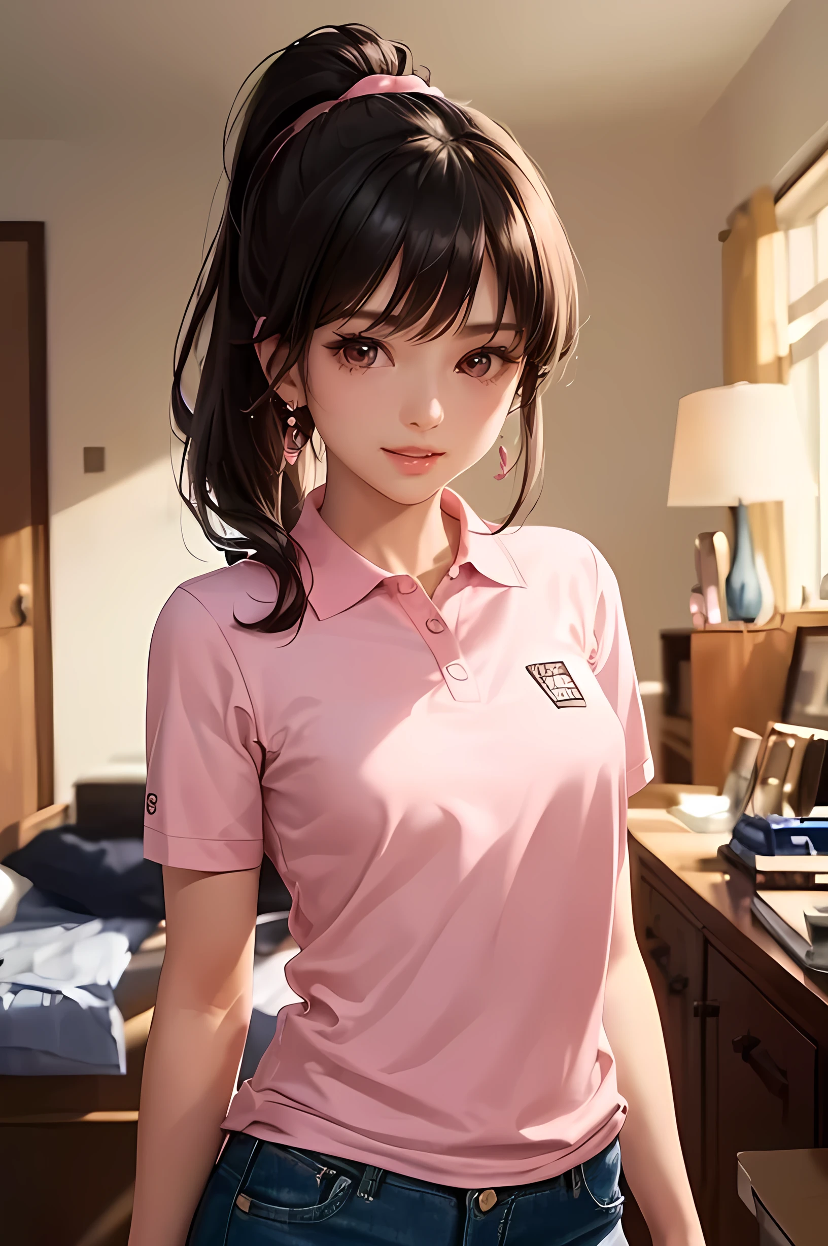 (女の子1人　20yr old), Super masterpiece, Best Quality, Raw photo, curly very long hair, hyperdetails, finely detail, RAW Extremely detailed, Raw photo, Photorealsitic, extremely detailed eye and face, full-body view, ((nipple shape protruding:1.5))、((Slim and perfect body)), ((No Underwear:1.5))、 ((Transparent Polo Shirt:1.2))、 Very short skirt、in poolside、Emma　Watson、((Big breasts and beautiful breasts))、Navel dashi