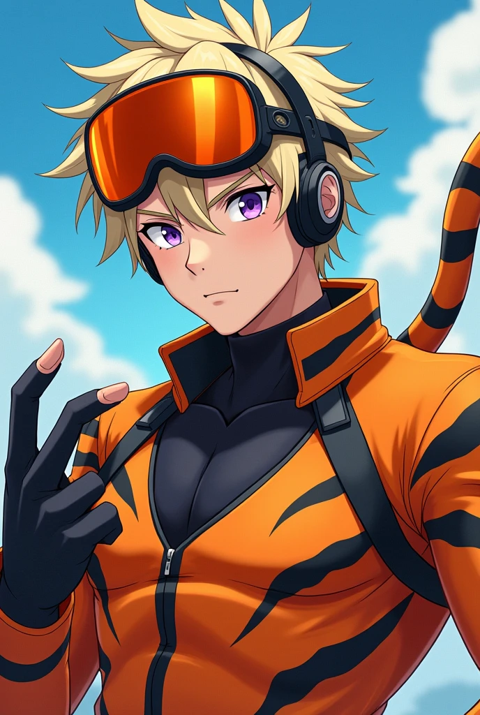 Draw in 2D anime style, A boy, that is husbando, that has ash blonde hair, that has violet eyes, has headphones, dressed in comic book hero clothes with a tiger look, Boku no Hero Academia hero costume, that his orange suit has black stripes,He has three claw-shaped blades on his left hand as a weapon, that looks like a dynamic pose, Let it be a heroic pose, have a confident smile, that has a hero helmet with an orange visor, that has messy hair, that has short hair, Make it look more manly, adult, serious