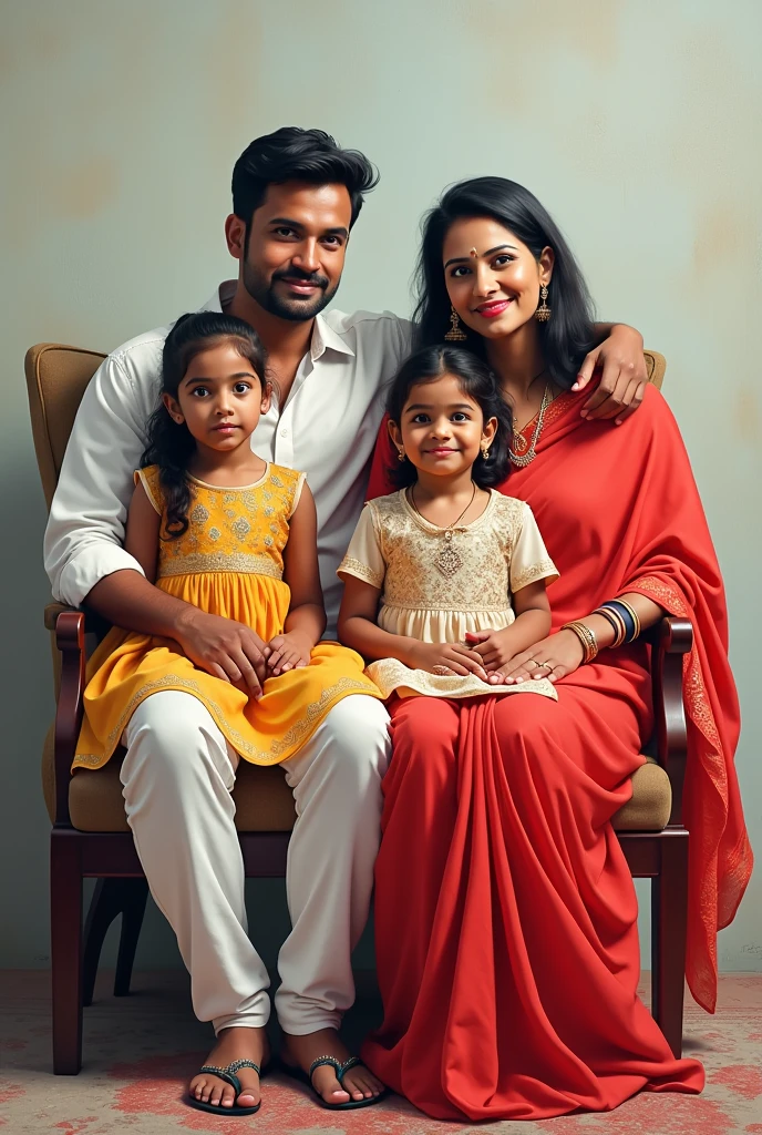 The man in the family portrait is  dressed in a white shirt and vesti he is sitting in chair with his wife his age is 28 and his wife is wearing saree in red colour and wearing bangles and In back side there 2 girl children which is age 14,20 respectively are wearing kurti dress and 1 one boy standing aside  as a digital painting 