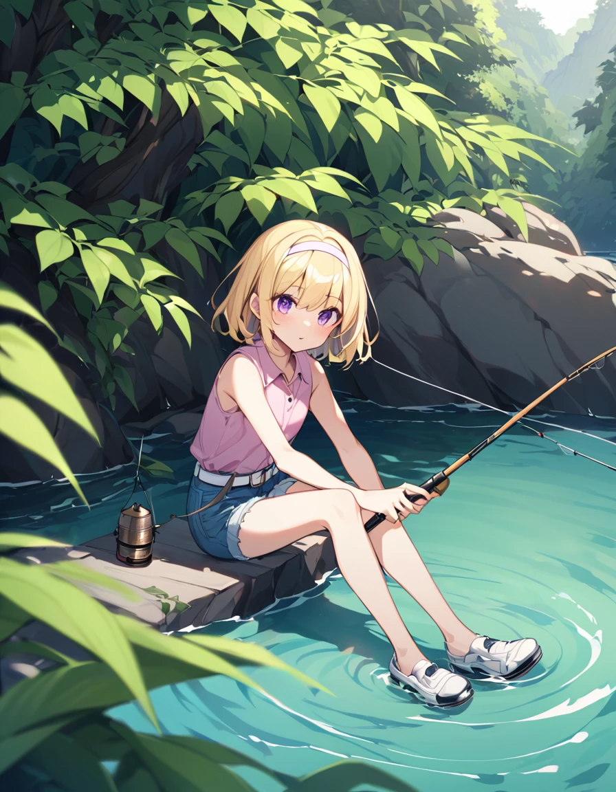 ((fishing)), fishing竿, 1 female, alone, Yellow Hair, blonde, Purple eyes, short hair, hair band, Flat Chest, Collared shirt,Sleeveless shirt,Pink Shirt, White Belt, Denim shorts, 川の流れの中でfishingをする人, Lush forest background, fishingのリズムに集中する表情, 