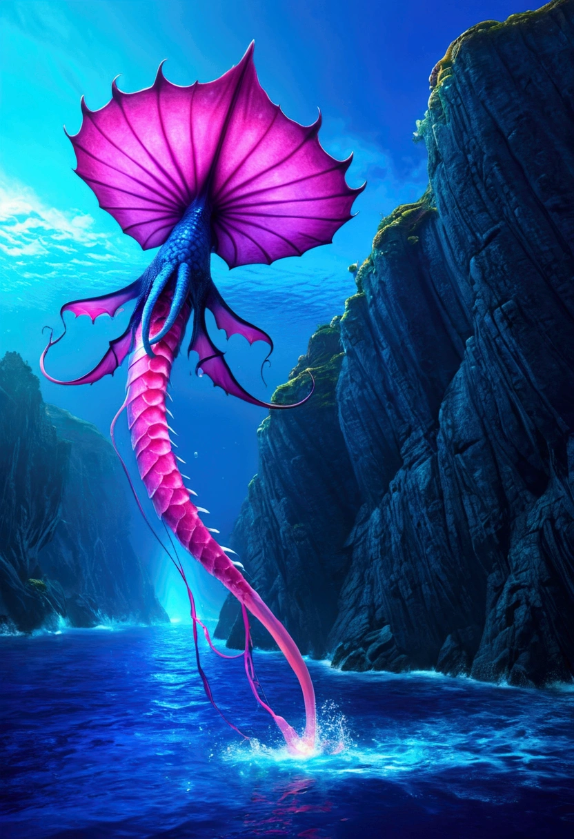 (Fantasy) An electric dragon (blue color schemed scales, glowing eyes) is flying up in the air with a giant pink squid in its claws, water disturbed under the fish, serene ocean cliffs in sight